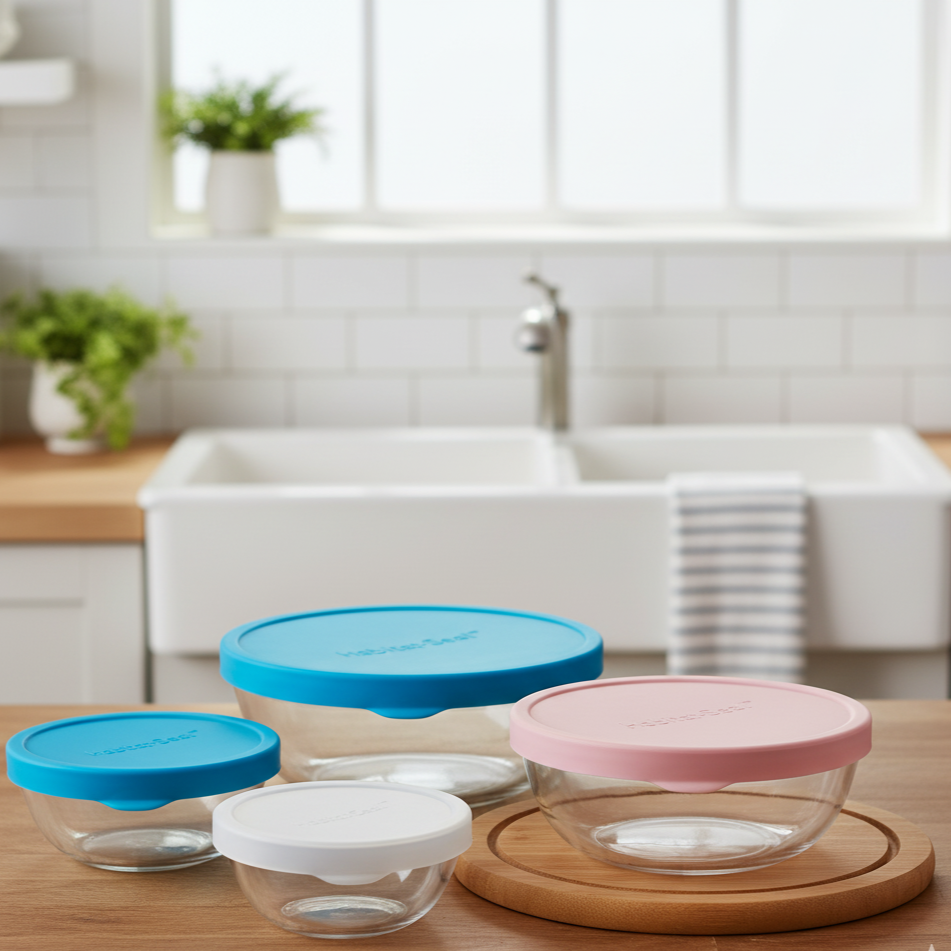 Set of glass bowls with colorful lids on a kitchen counter