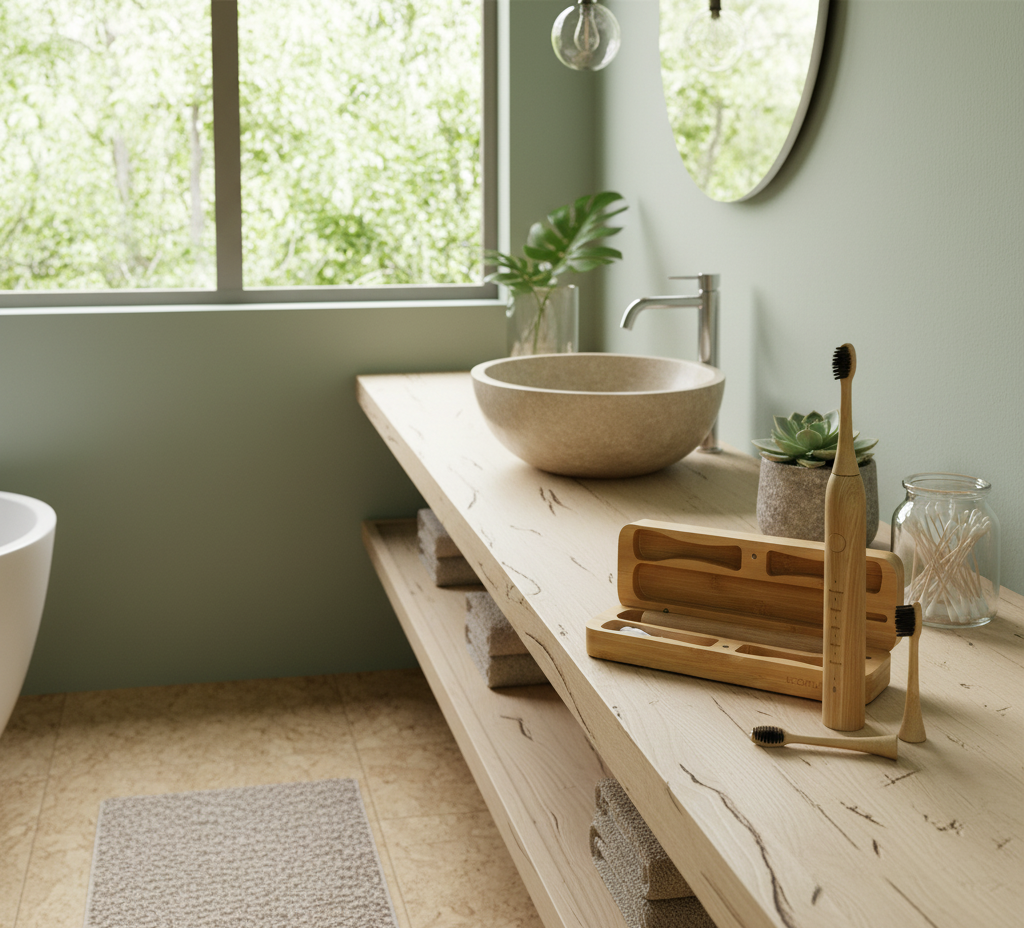 Bathroom with wooden vanity, sink, and natural decor