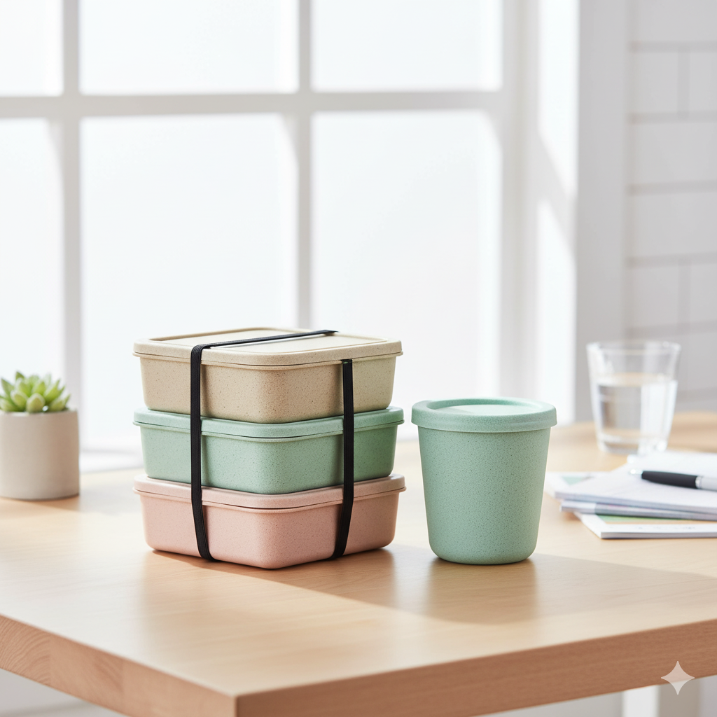 Stackable containers and a cup on a wooden table with a light background