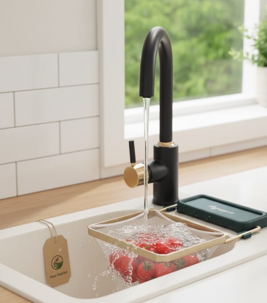 Kitchen sink with black faucet and tomatoes being washed, window in the background