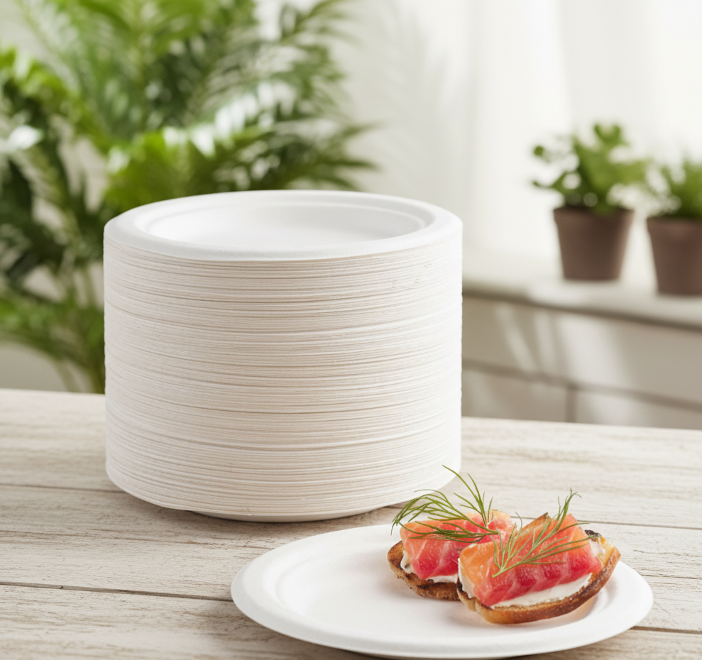 Stack of white ceramic plates on a wooden surface with a blurred indoor background